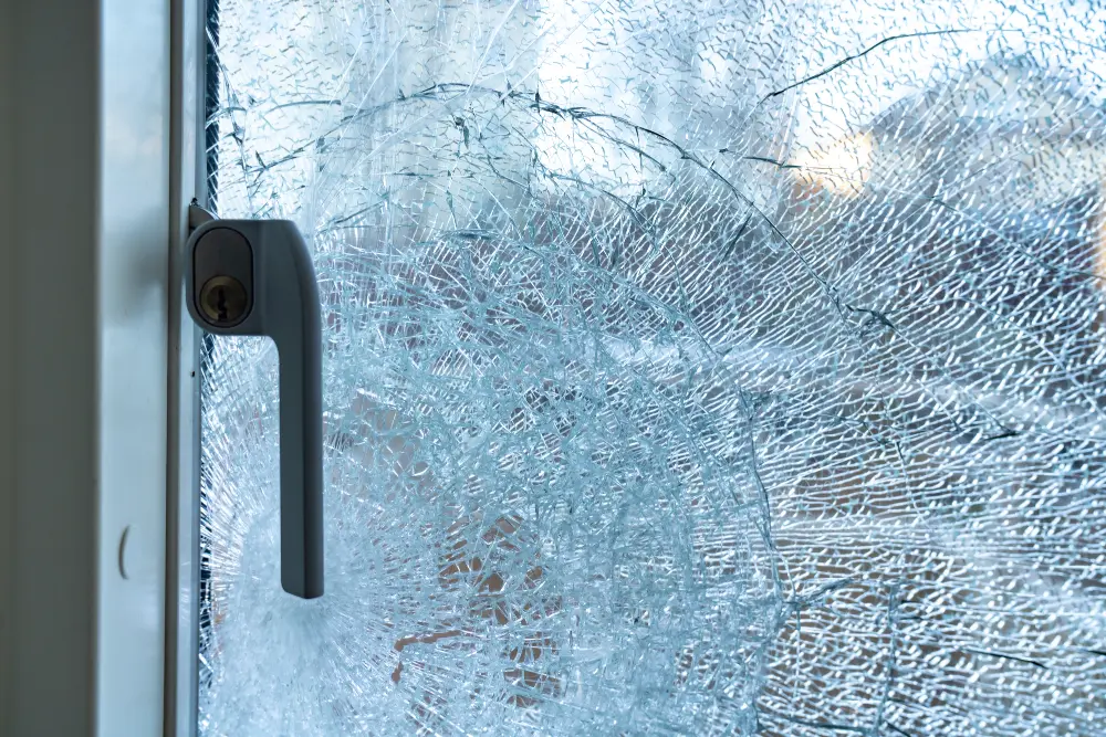 A broken window featuring a door handle, highlighting damage and potential security concerns in the surrounding area.