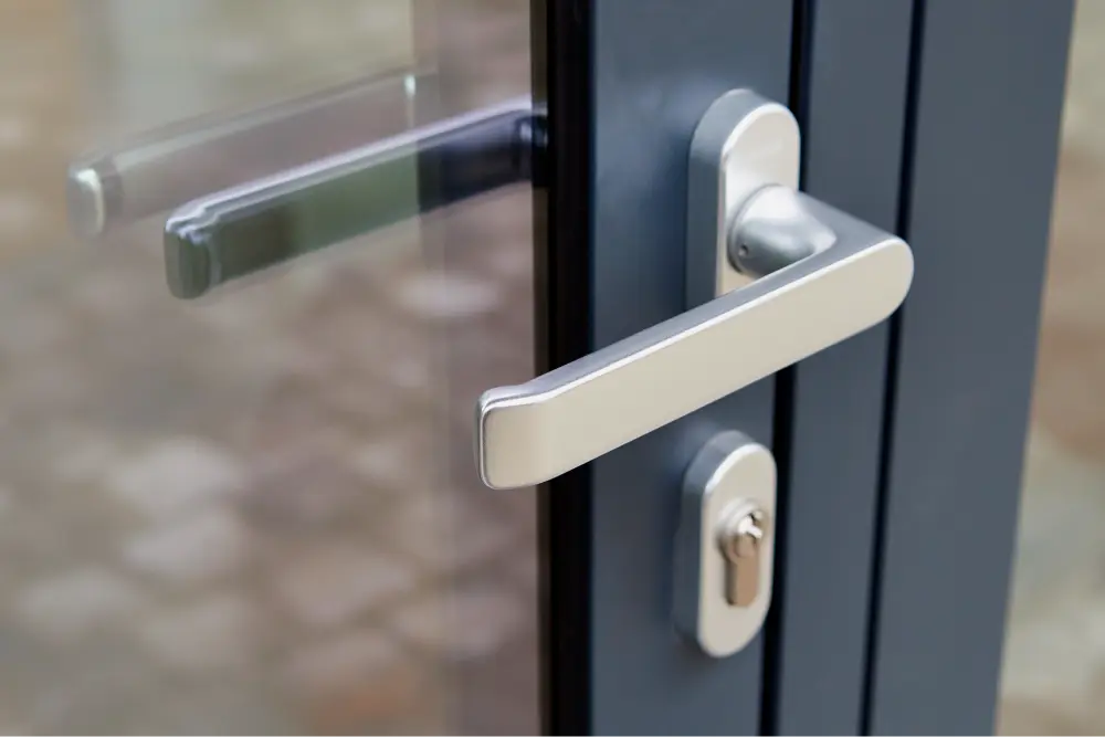 Close-up of a stylish door handle attached to a glass door, emphasizing the smooth finish and contemporary aesthetic.